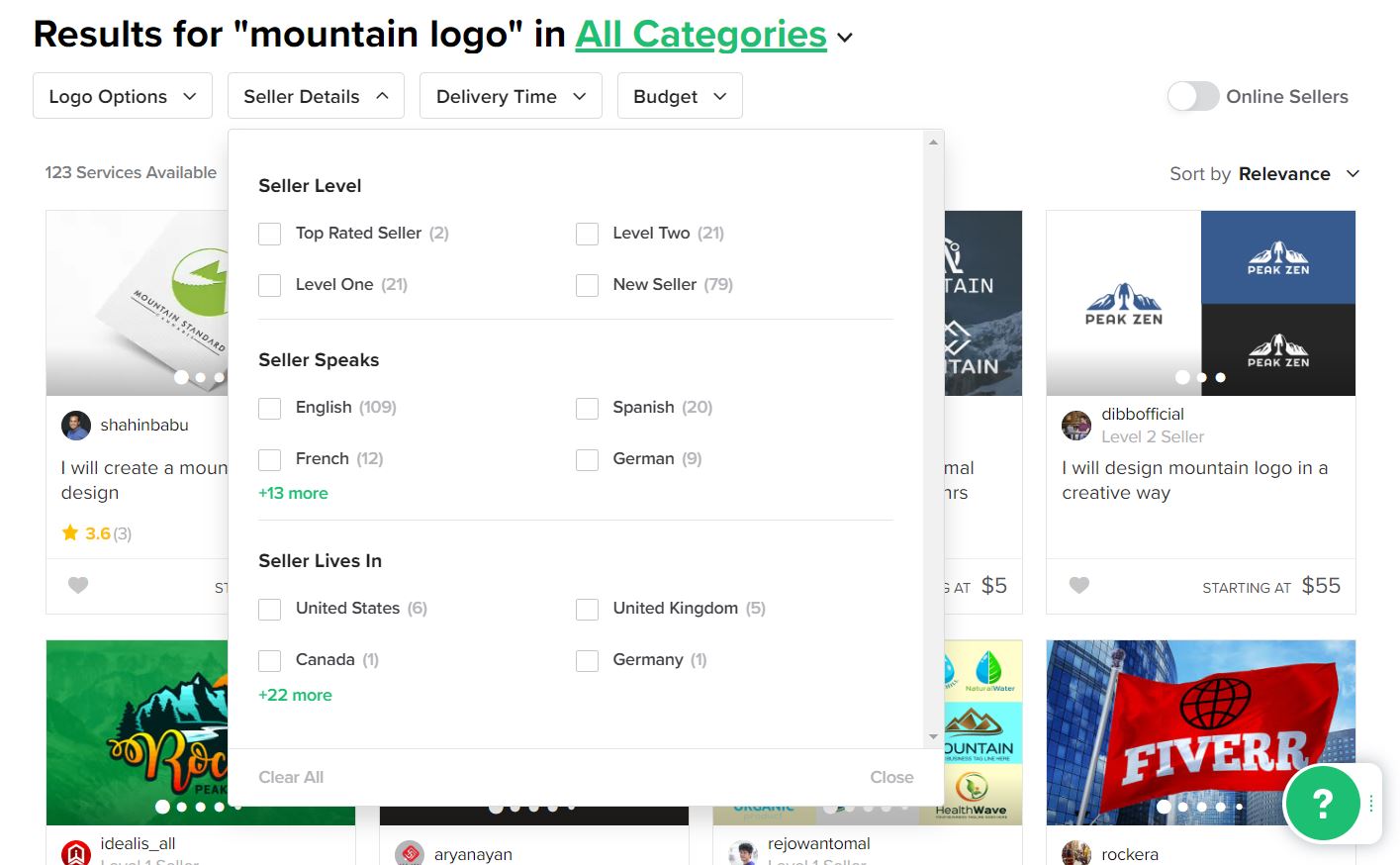Captura de pantalla de Fiverr: diseñadores de logotipos de montaña